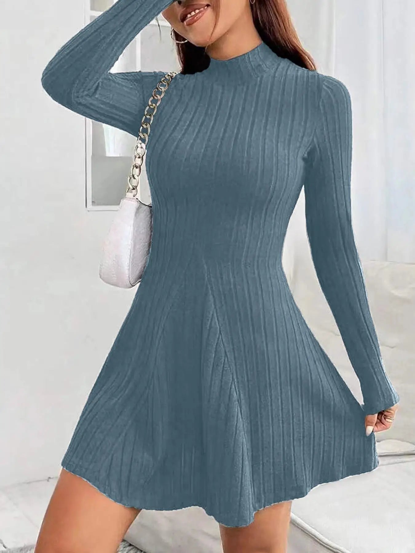 LuxeWeave Womens Slim Fit Dress With Half High Collar Cinched Waist Aline Pinstripe Long Sleeves For Autumn And Winter