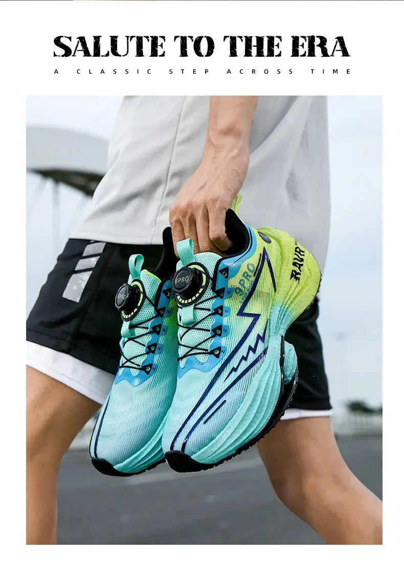 Men's turquoise running shoes with carbon plate cushioning, dial lacing, and non-slip outsole.