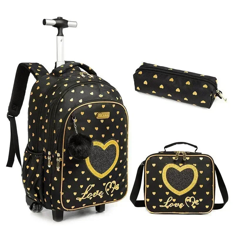 Children's wheeled backpack set with lunch box and pencil case, black with gold heart accents for girls