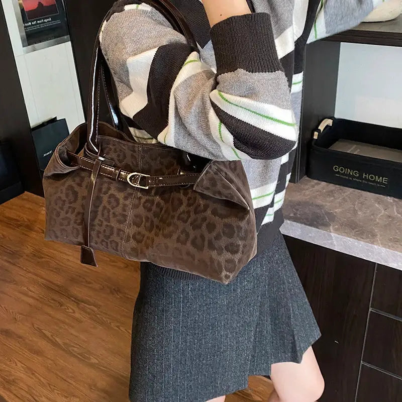 Leopard print PU leather shoulder bag with top handles and buckle belt strap