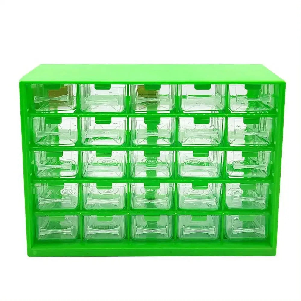 25-grid wall-mounted parts box with green frame and clear drawers, Simples Market.
