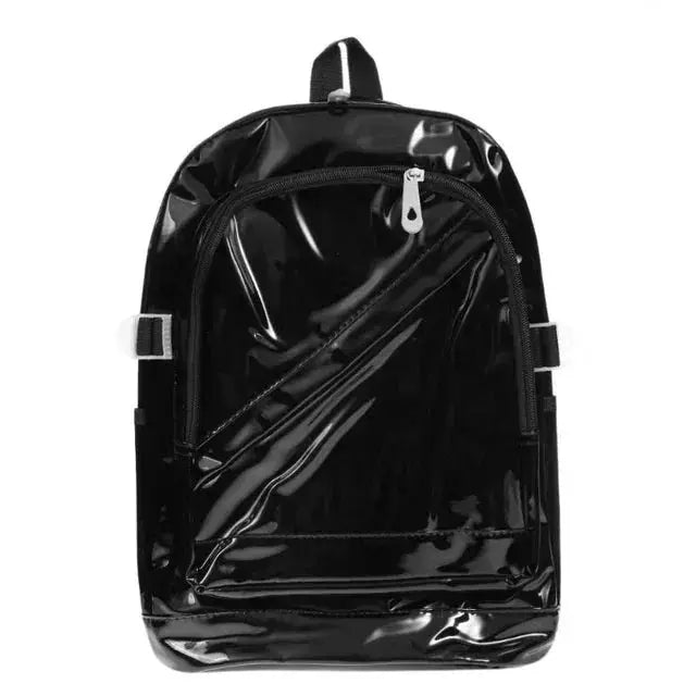Backpack, black glossy PVC waterproof school bag with front zip pocket