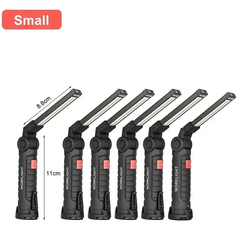 Six black portable COB LED work lights with adjustable heads