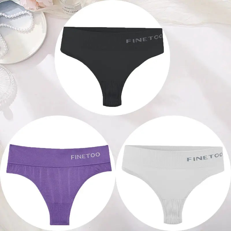 3-piece FINETOO women's thong set; high-waist seamless underwear in black, purple, gray