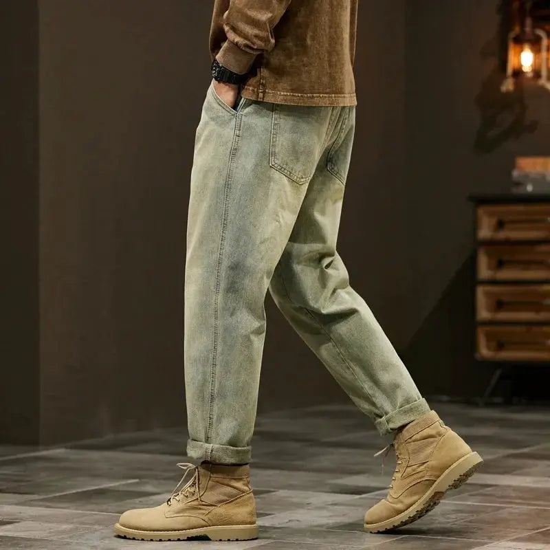 Men's 95% cotton jeans, loose baggy harem fit with rolled cuffs in light olive denim by Simples Market