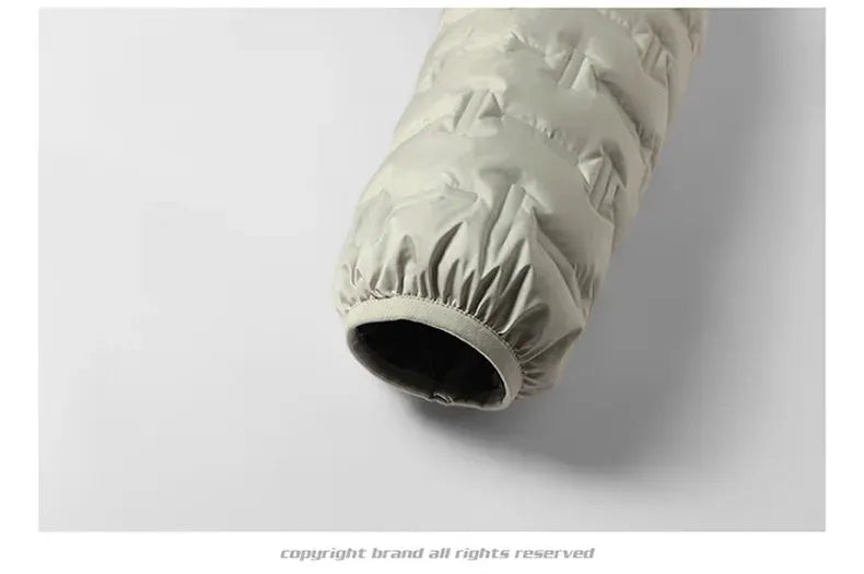 Men's winter white down jacket sleeve cuff with elastic band, puffer style.