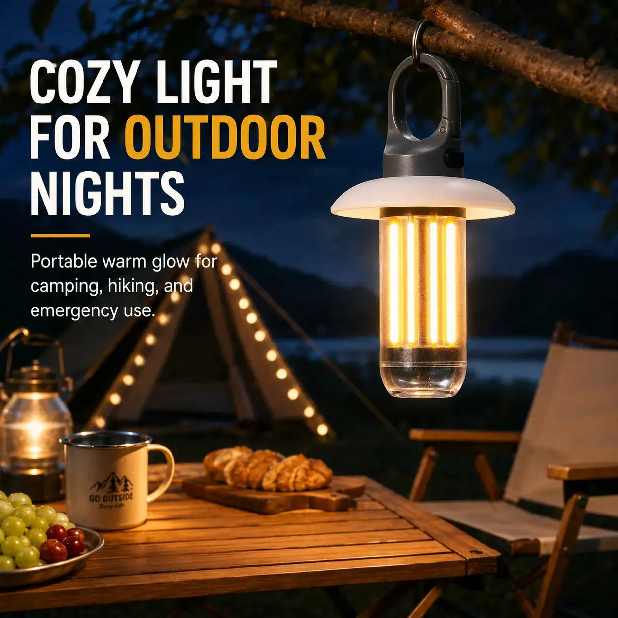 LED Rechargeable Camping Lantern by Simples Market; 5 modes, hanging outdoor tent lamp.