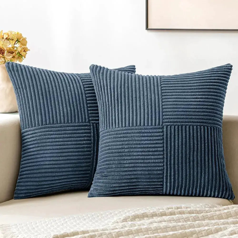 Throw pillow covers 18x18 blue corduroy patchwork by Simples Market, two on sofa