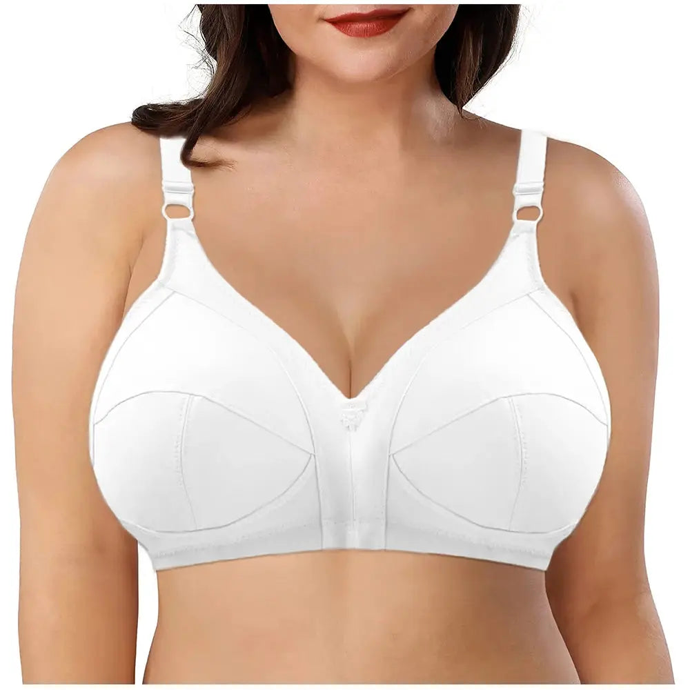Large size white bra with seamless full-coverage cups and adjustable straps by Simples Market for plus-size women