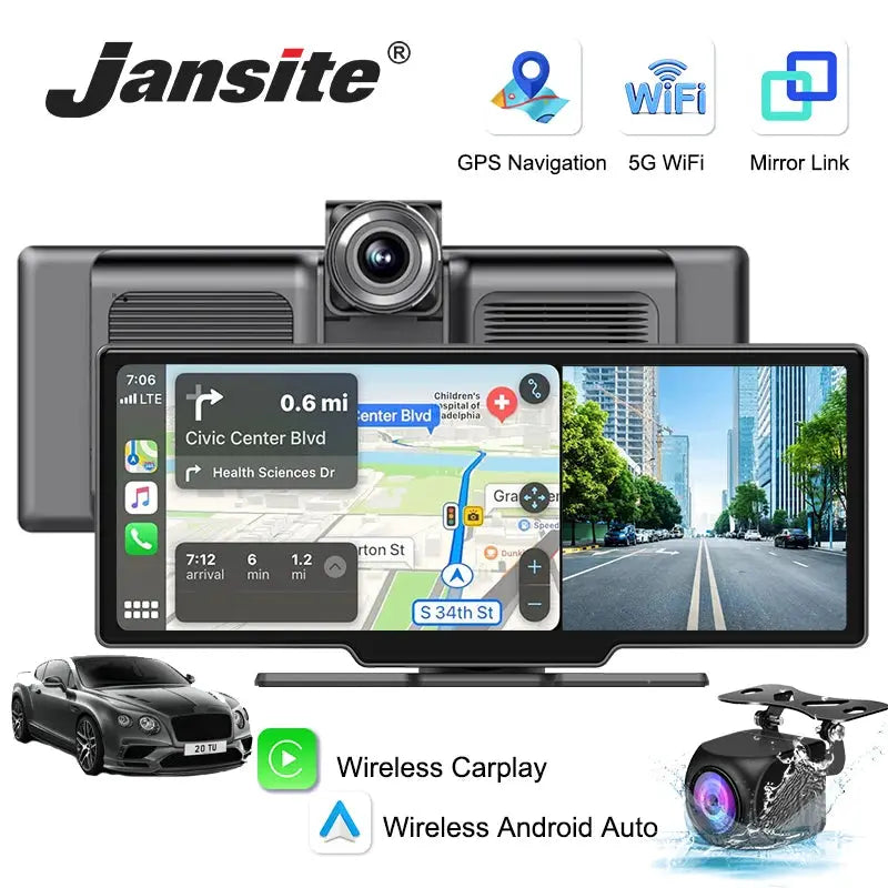 10.26 Inch Dash Cam Mirror 4K Player Wireless CarPlay Android Auto GPS