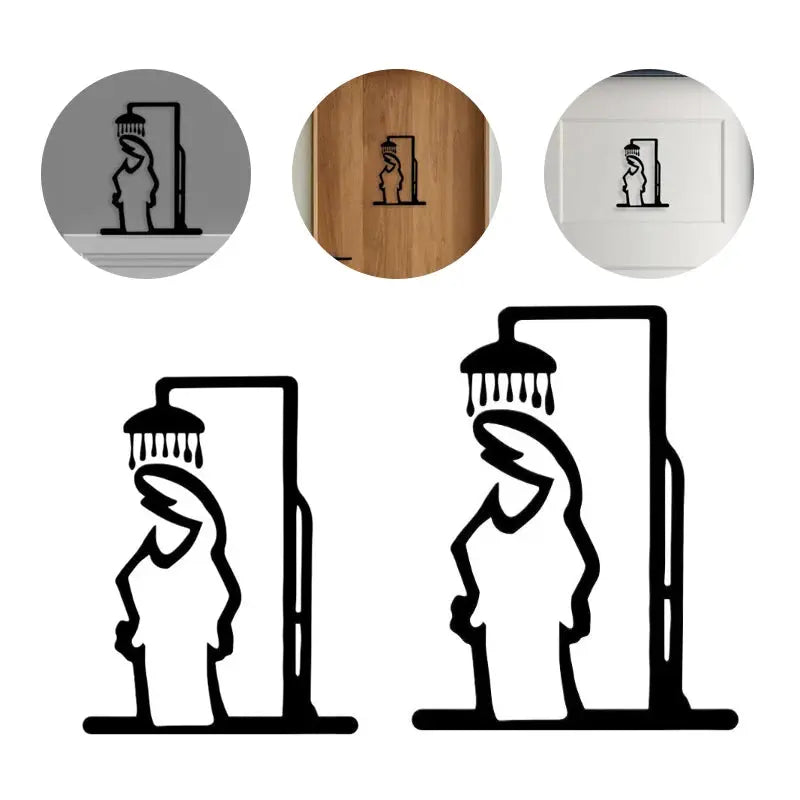 Shower figure metal wall art set; two-piece black aluminum bathroom decor.