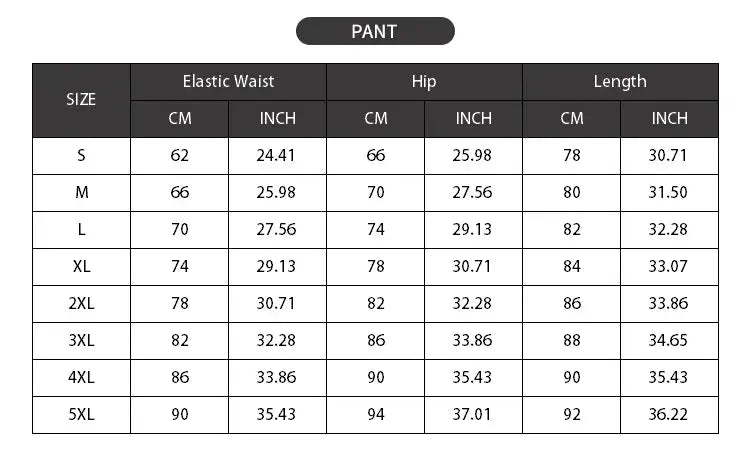 SONECHOKI compression pants size chart showing elastic waist, hip and length in cm and inches for sizes S through 5XL