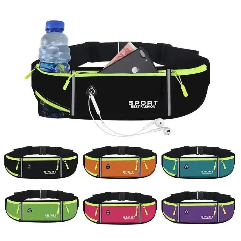 Simples Market outdoor running waist bag with three waterproof pockets and bottle holder; seven color variants.