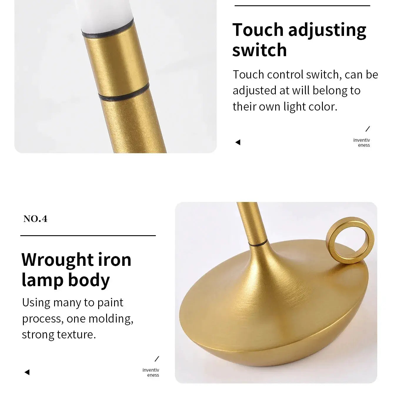 Atmosphere LED candle lamp by Simples Market, gold-tone base with circular ring, USB touch desk light