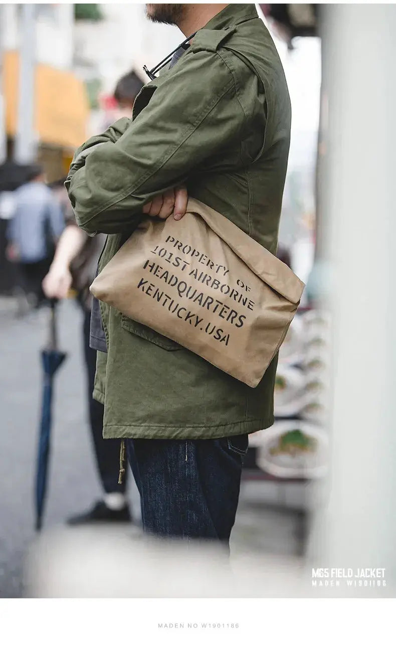 Maden green M65 field jacket for men and tan tote bag