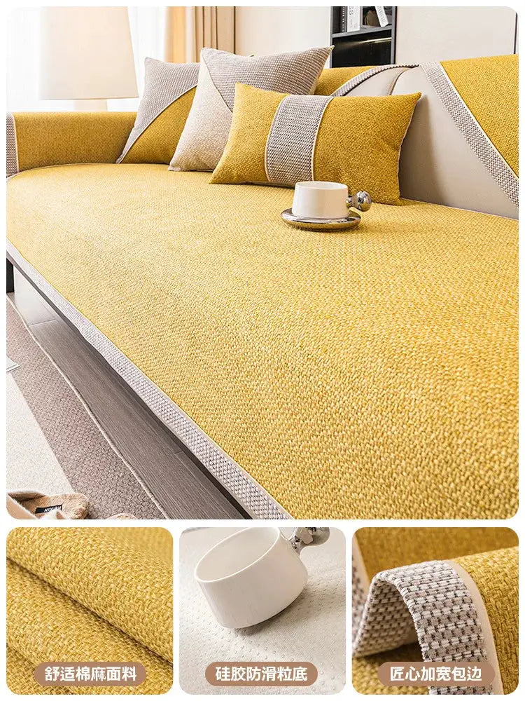Simples Market linen sofa cushion cover mustard yellow woven cotton with non-slip silicone bottom.
