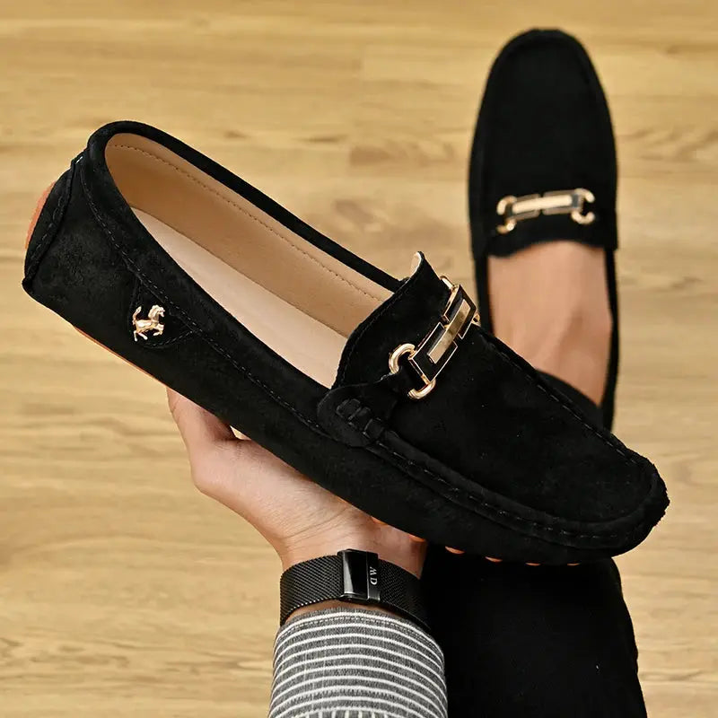 Simples Market YRZL pair of black suede loafers with gold horsebit buckle, slip-on driving moccasins for men