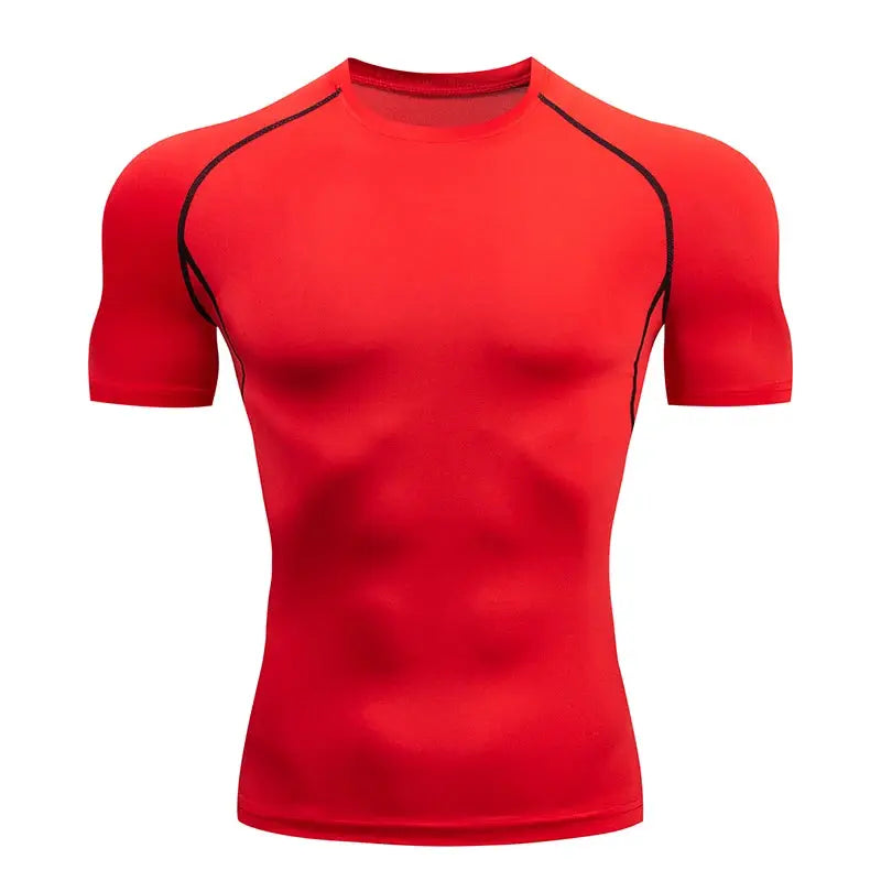 Men's red short-sleeve compression athletic T-shirt with black contrast seams