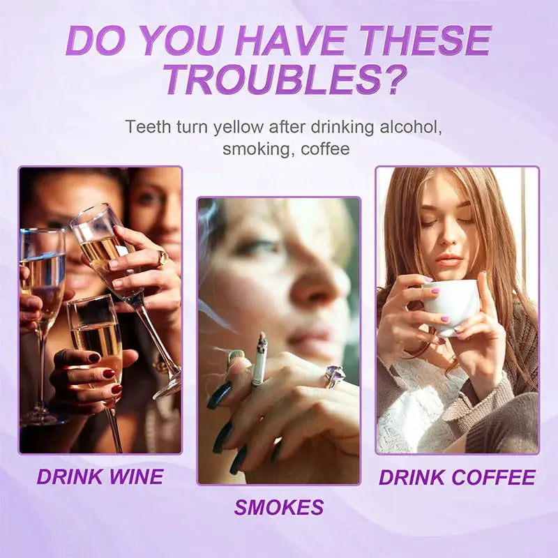 Simples Market teeth whitening strips, purple-themed 3-panel lifestyle ad with wine, smoke, and coffee scenes