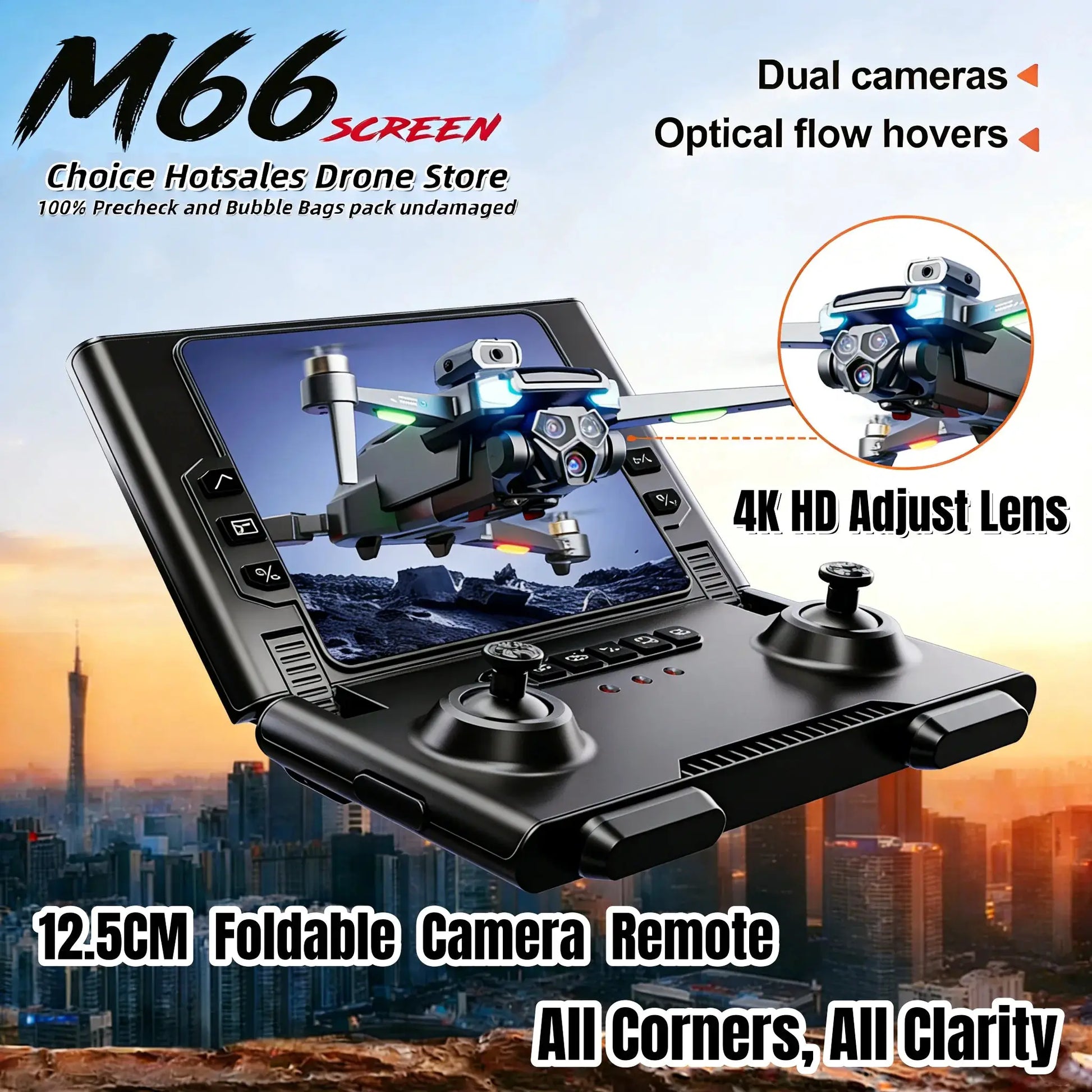 Simples Market M66 foldable drone with remote and built-in screen, dual cameras and 4K HD adjustable lens.