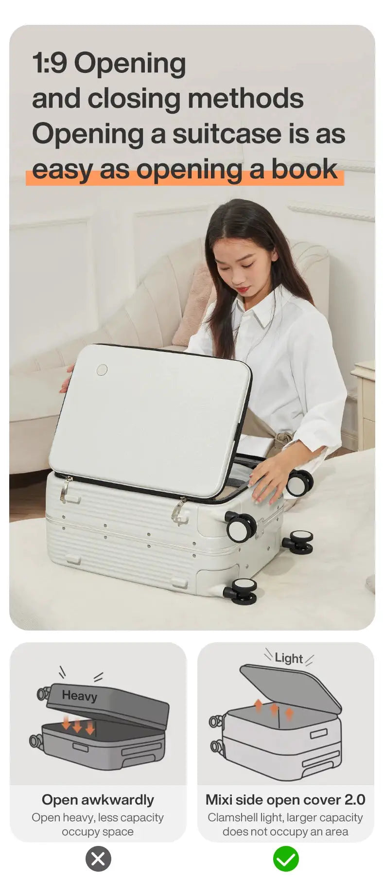 Mixi aluminum-frame carry-on wheeled suitcase, white, with USB port, open lid, 20/24 inch travel size for carry-on use