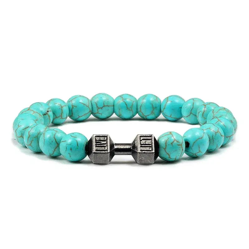 Natural Volcanic Stone Bracelet For Men And Women Matte Black Lava White Beads Dumbbell Charm Strand Fitness Jewelry