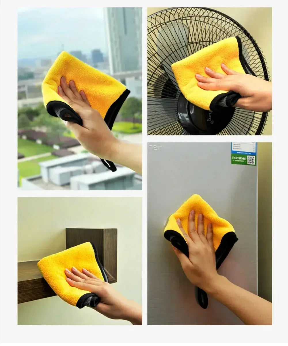 Four yellow microfiber car wash towels with black trim used on windows, a fan, a fridge, and doors.