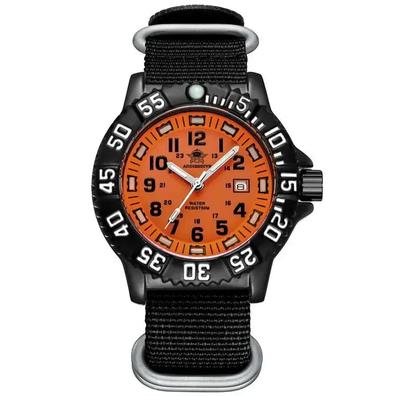 Addies Men Military Watch with orange dial, black bezel, water resistant 50m, nylon strap