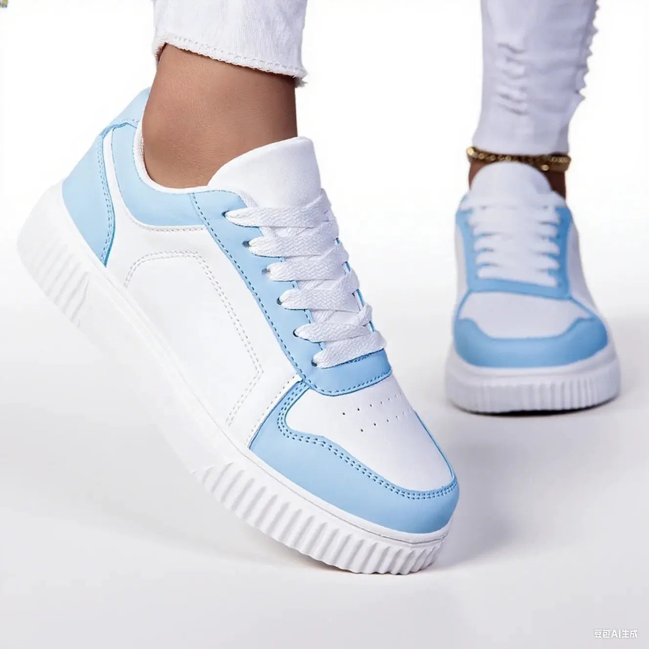 MAEDEF lace-up women's sneakers, white with light blue accents, lightweight vulcanized sole, pair shown.