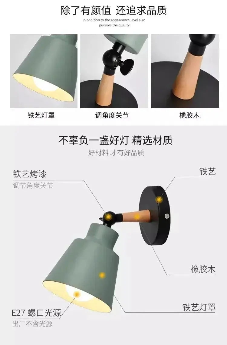 Nordic wall lamp with solid wood arm and sage green metal shade, adjustable joint, LED lighting, black wall mount