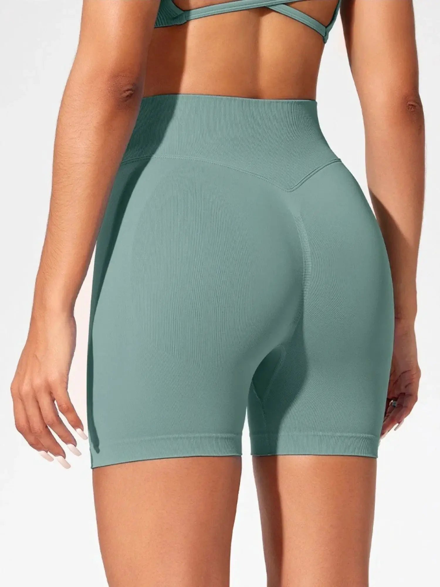 Women's seamless high-waist gym shorts in teal with sculpted butt seam