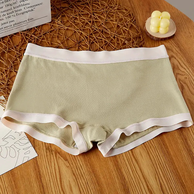 BANNIROU mid-rise seamless women's boyshort panties in beige with white waistband and leg trim