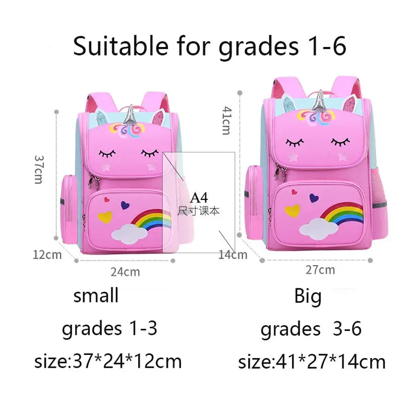 Kids pink unicorn backpacks; waterproof school bags, two sizes shown (37×24×12 cm, 41×27×14 cm) Simples Market