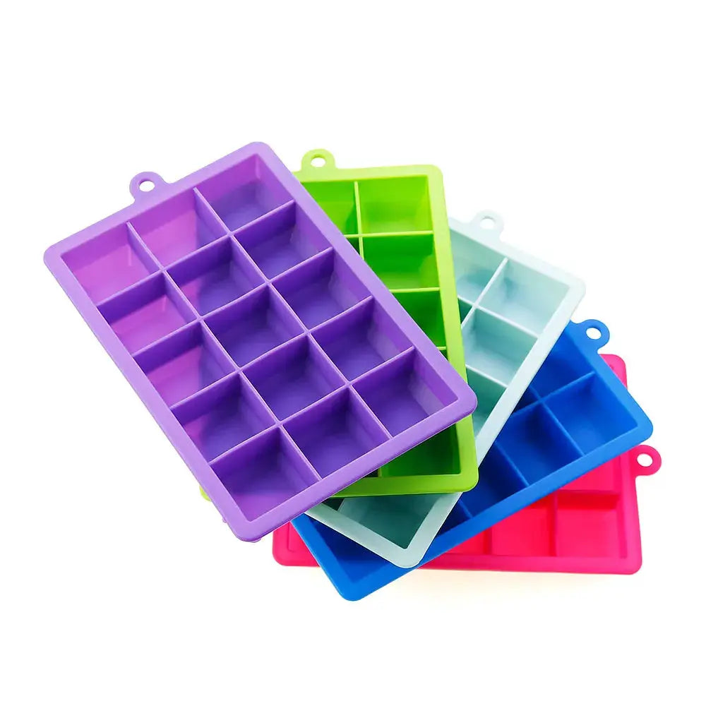 Silicone ice cube mold set with lids in purple, green, blue and pink