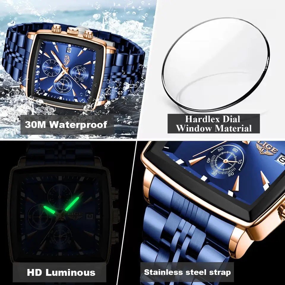 LIGE square blue men's watch with stainless steel strap and rose-gold bezel, 30M waterproof