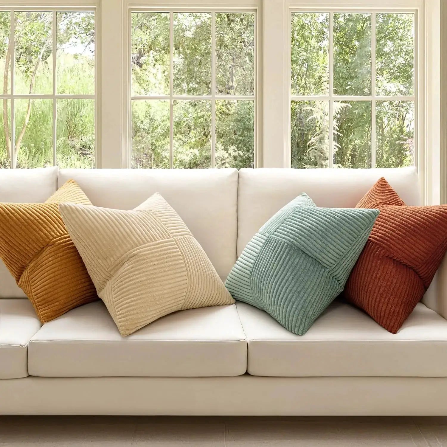 Simples Market Rust Boho 18x18 multicolor corduroy patchwork decorative throw pillow covers on a cream sofa.