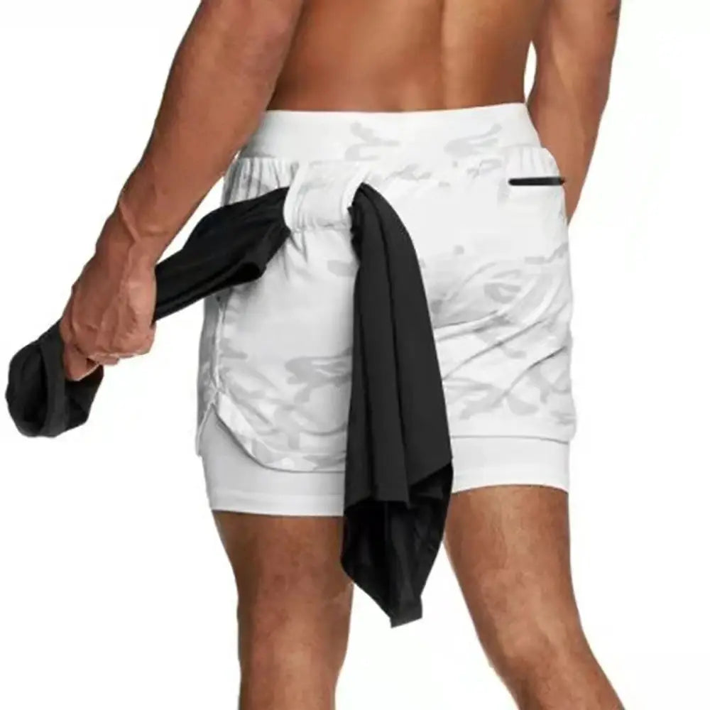 Men's fitness training shorts by Simples Market, white/gray camo, quick-dry gym shorts