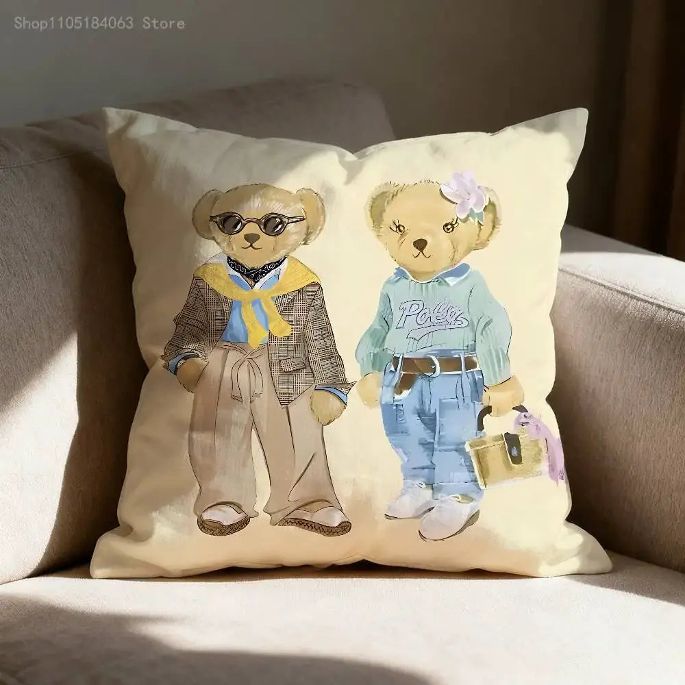 Fashion Bear throw pillow cover in cream with two teddy bears in stylish outfits