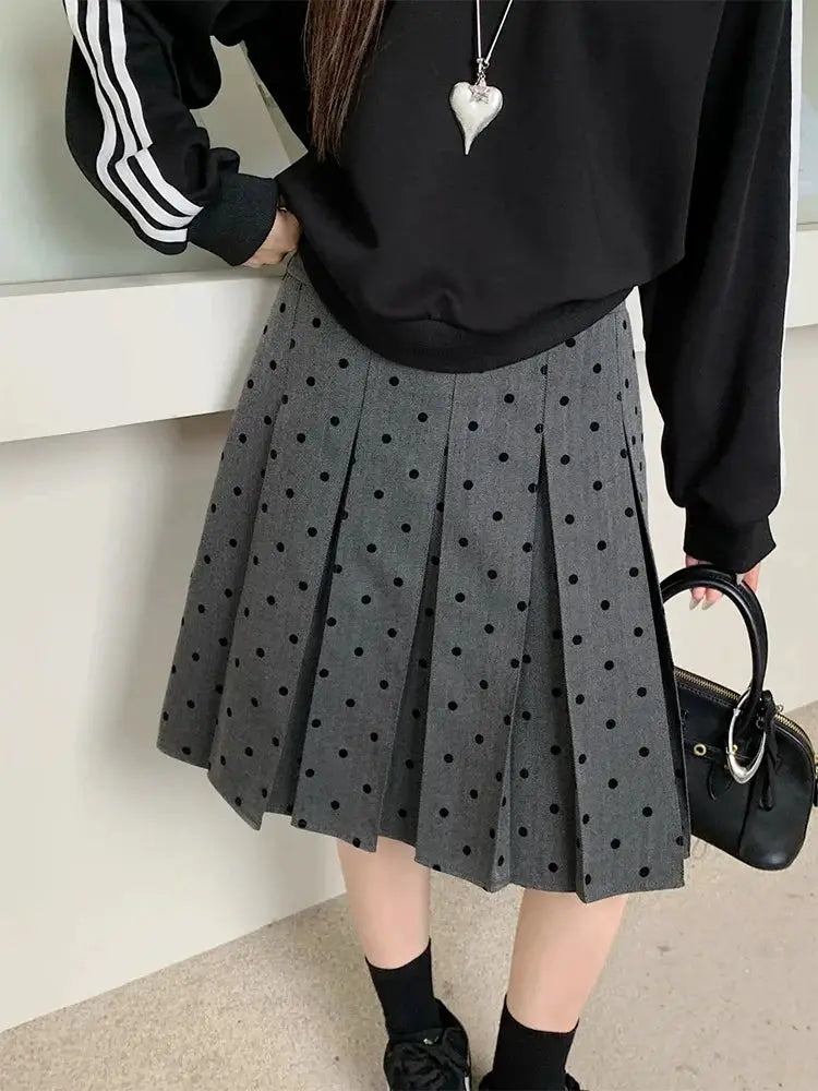 Polka dot pleated skirt, grey high-waisted A-line by Simples Market