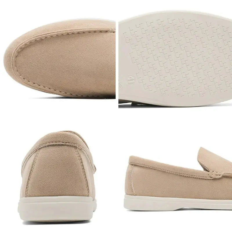 Men's beige suede leather loafers; lightweight slip-on driving moccasins in classic British style.