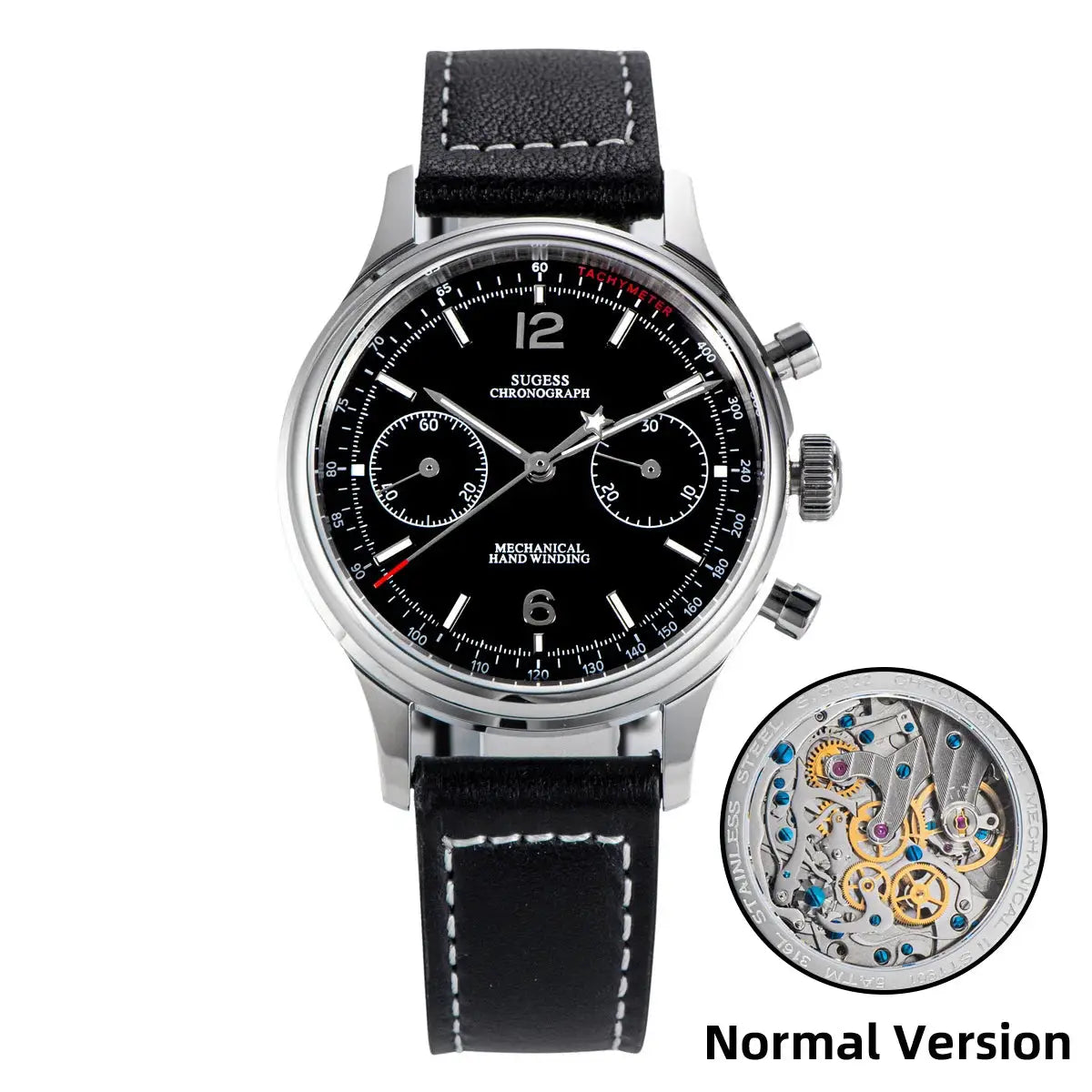 Sugess 1963 Pilot Chronograph watch for men with panda dial, stainless steel case and black leather strap