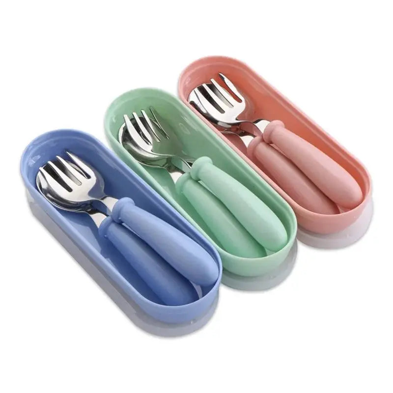 3 Piece Children Spoon And Fork Set Stainless Steel Portable Baby Feeding Utensils For Toddlers