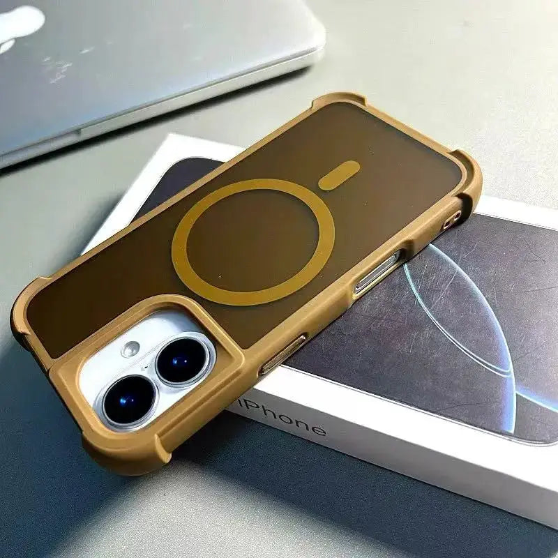 Magnetic luxury matte armor shockproof iPhone case with MagSafe; tan brown color and rugged bumper guard