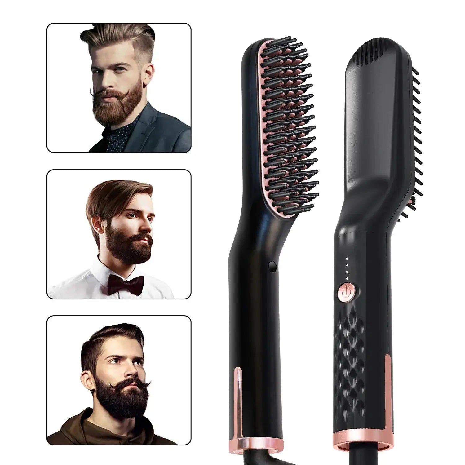 Simples Market men's electric beard straightener with dual brush heads, black body and rose-gold accents