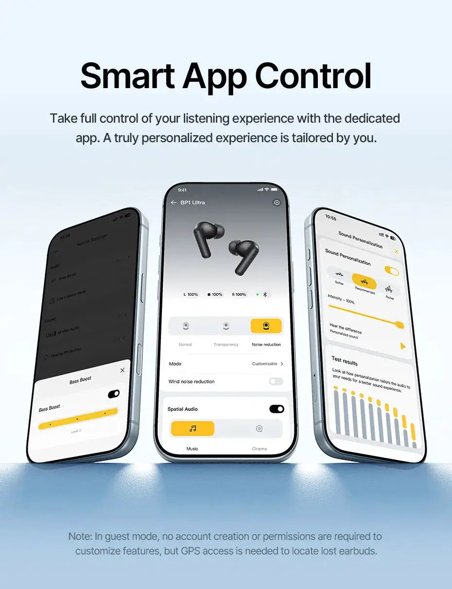 Baseus Bass EP10 wireless earphones; black earbuds shown with three smartphones displaying smart app control UI