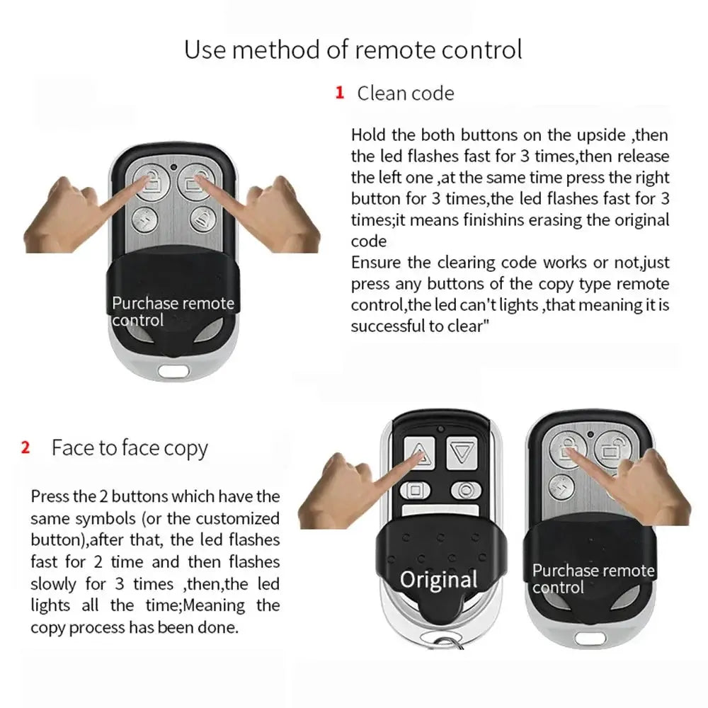 Simples Market universal 4-button garage door remote, 433MHz clone, shown with original and copy remotes.