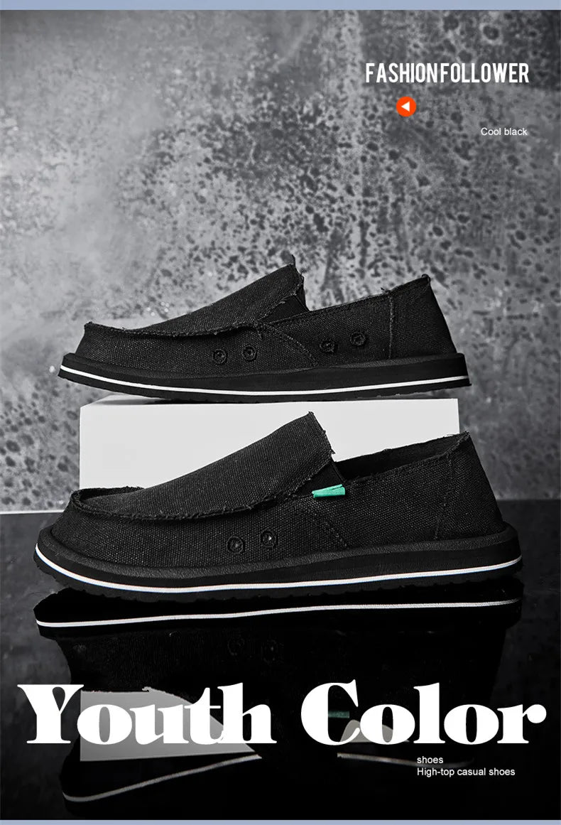 Men's black canvas loafers by Simples Market, low-top breathable casual shoes with teal accent, 2 pairs shown