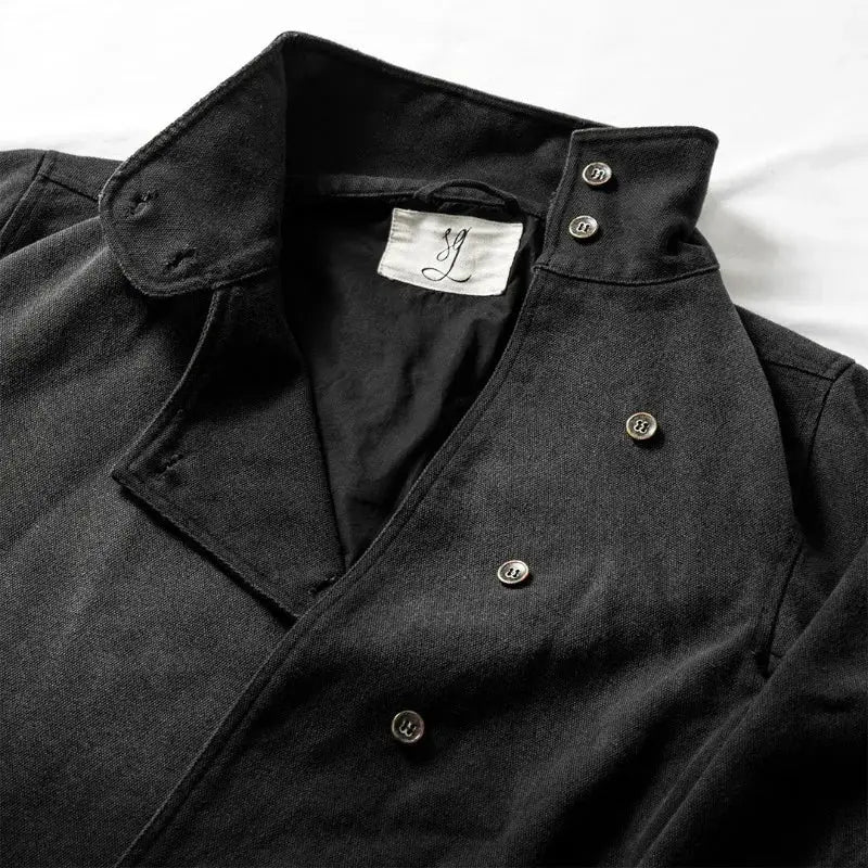 Y2k fencing jacket in black cotton canvas with double-row metal buttons, unisex streetwear.