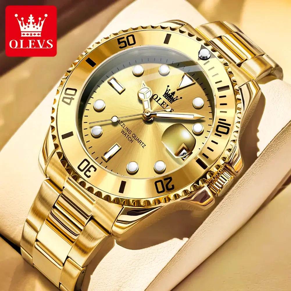 OLEVS gold stainless steel men's luxury dive quartz watch with luminous markers and date window