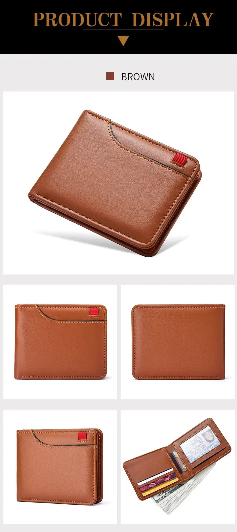Simples Market brown leather men's wallet with multiple card slots and red tab accent